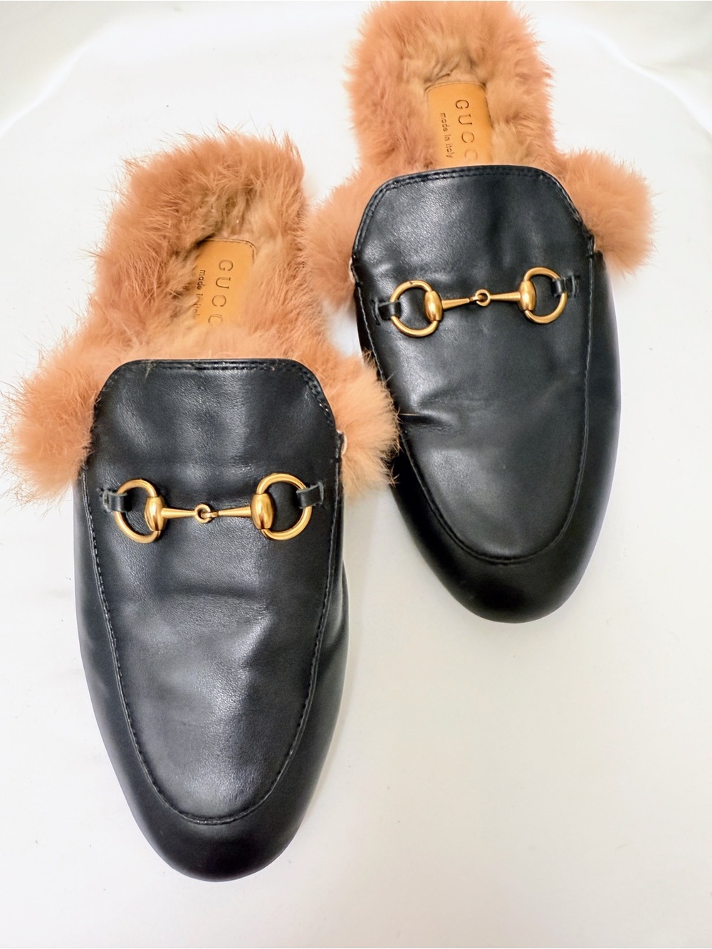 Gucci Princetown Fur Horsebit Black Leather Mule Loafers Slippers IT 40